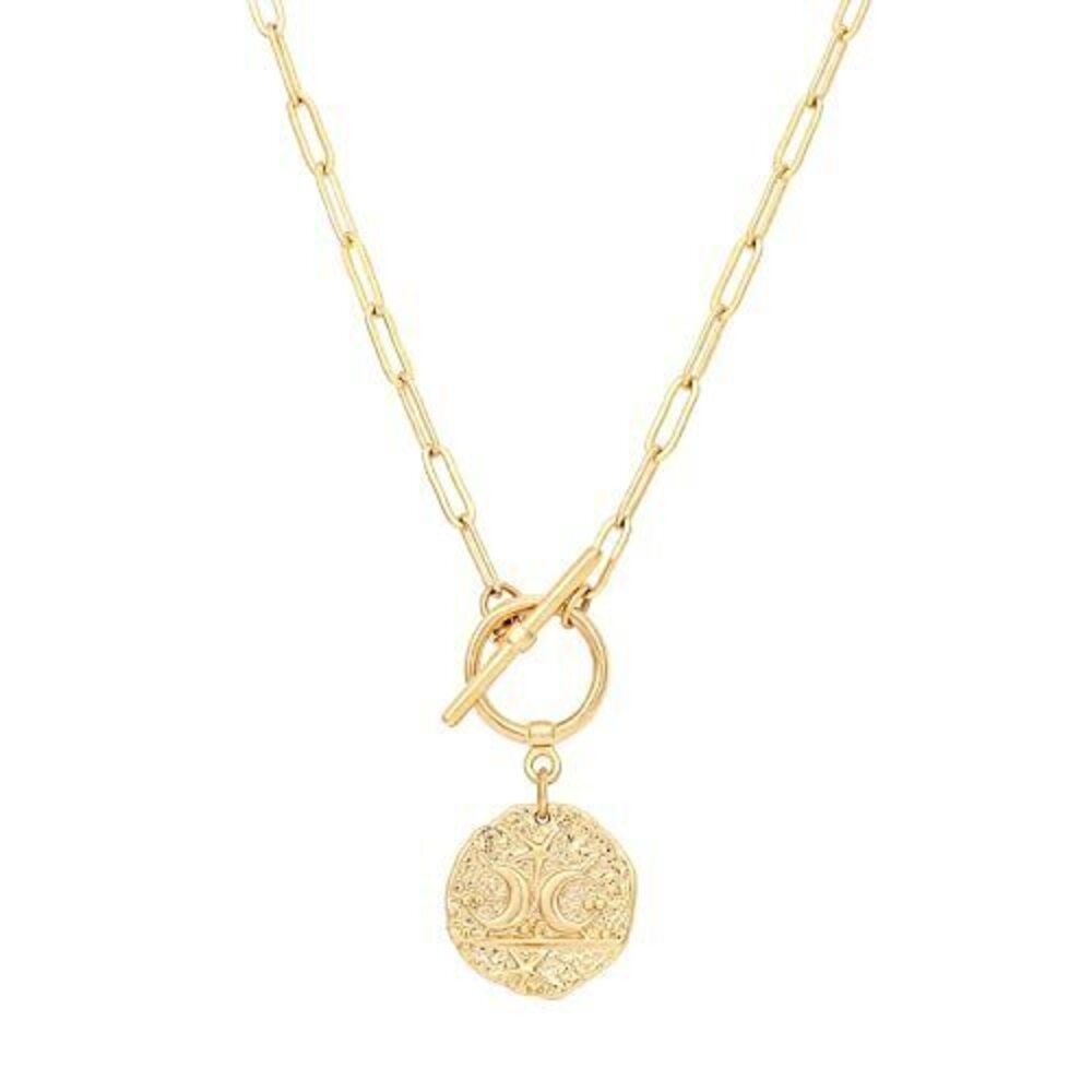 2057 Moon and Star Medallion Pendant Necklace 18K Gold Plated Oval Link